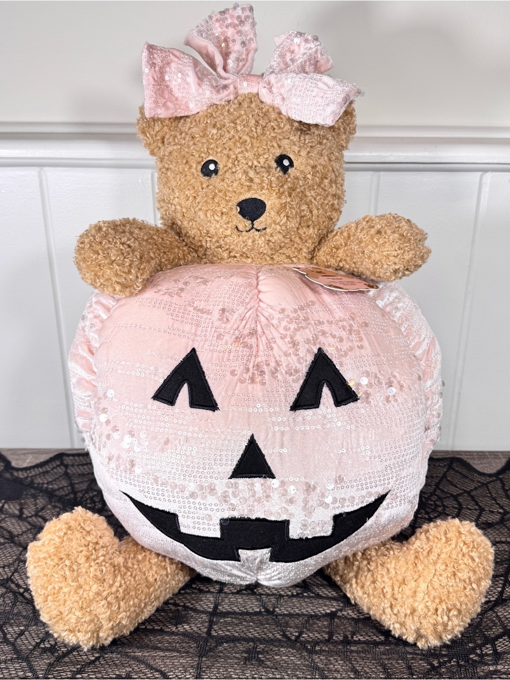 NEW Teddy Bear in a Pink Pumpkin Halloween Pillow Plush 27”